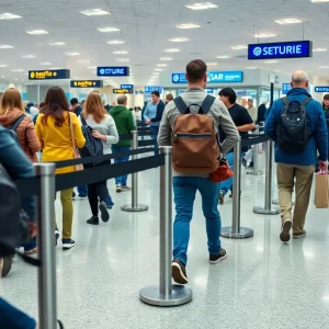 Travelers at an airport security checkpoint without removing their shoes