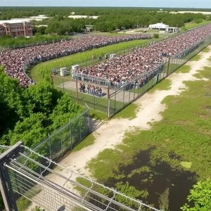 Crowded migrant detention facility in the Everglades