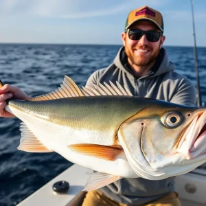 Angler holding a large Almaco Jack fish on a fishing boat