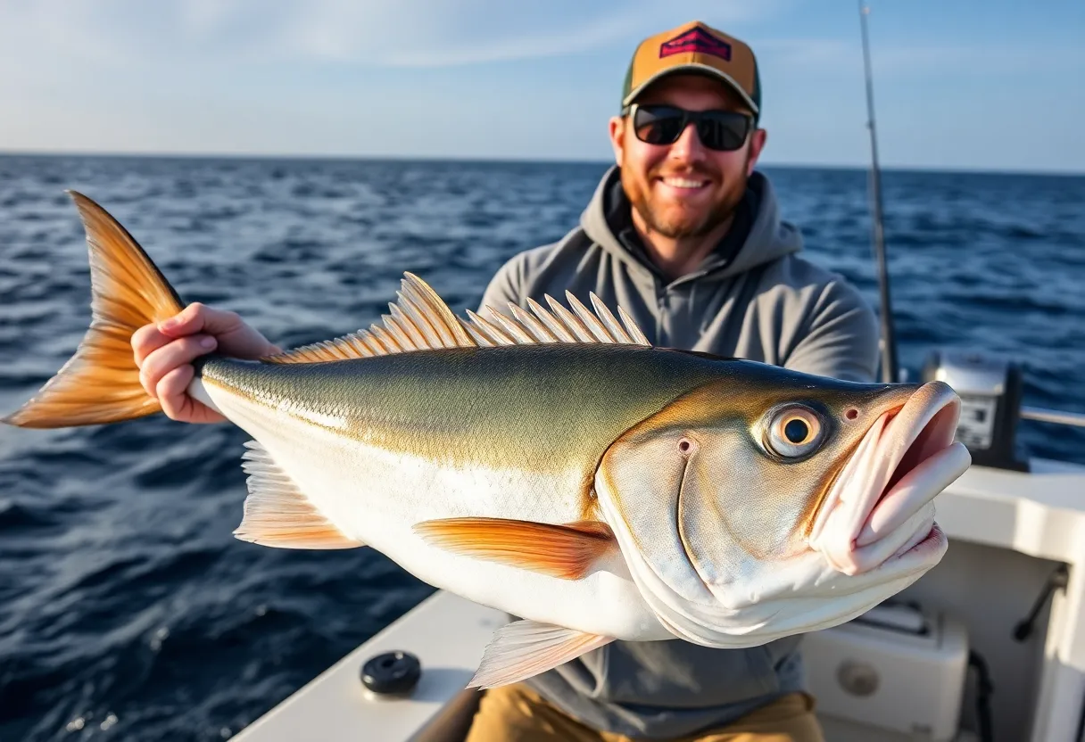 Angler holding a large Almaco Jack fish on a fishing boat