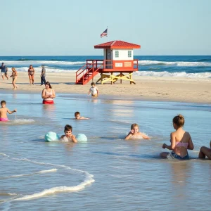 Families practicing water safety at Outer Banks beach.