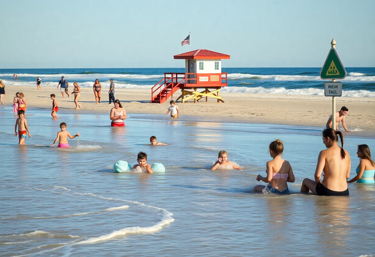 Families practicing water safety at Outer Banks beach.