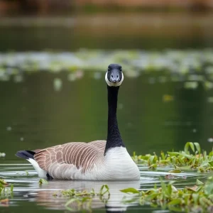 Canada goose swimming in a lake after being rescued.