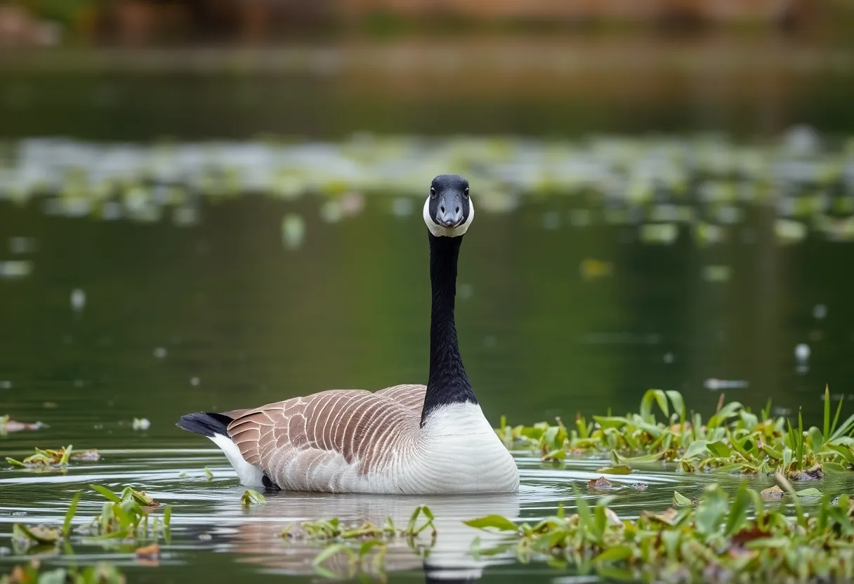 Canada goose swimming in a lake after being rescued.