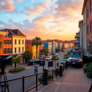 Scenic view of Charleston, SC with film set elements for Outer Banks