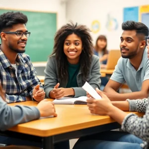 Students engaged in a classroom discussion about rights and expression