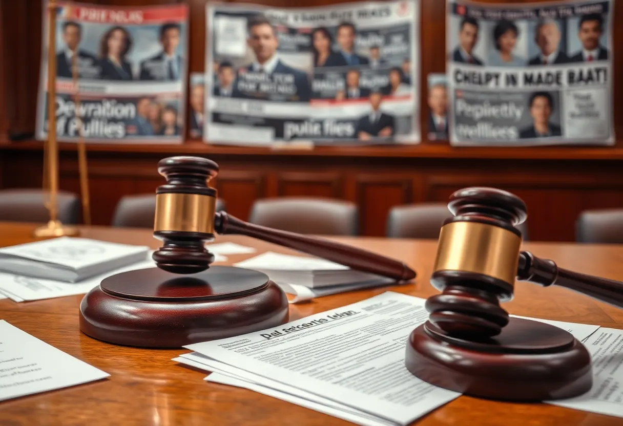 Courtroom scene representing defamation lawsuit