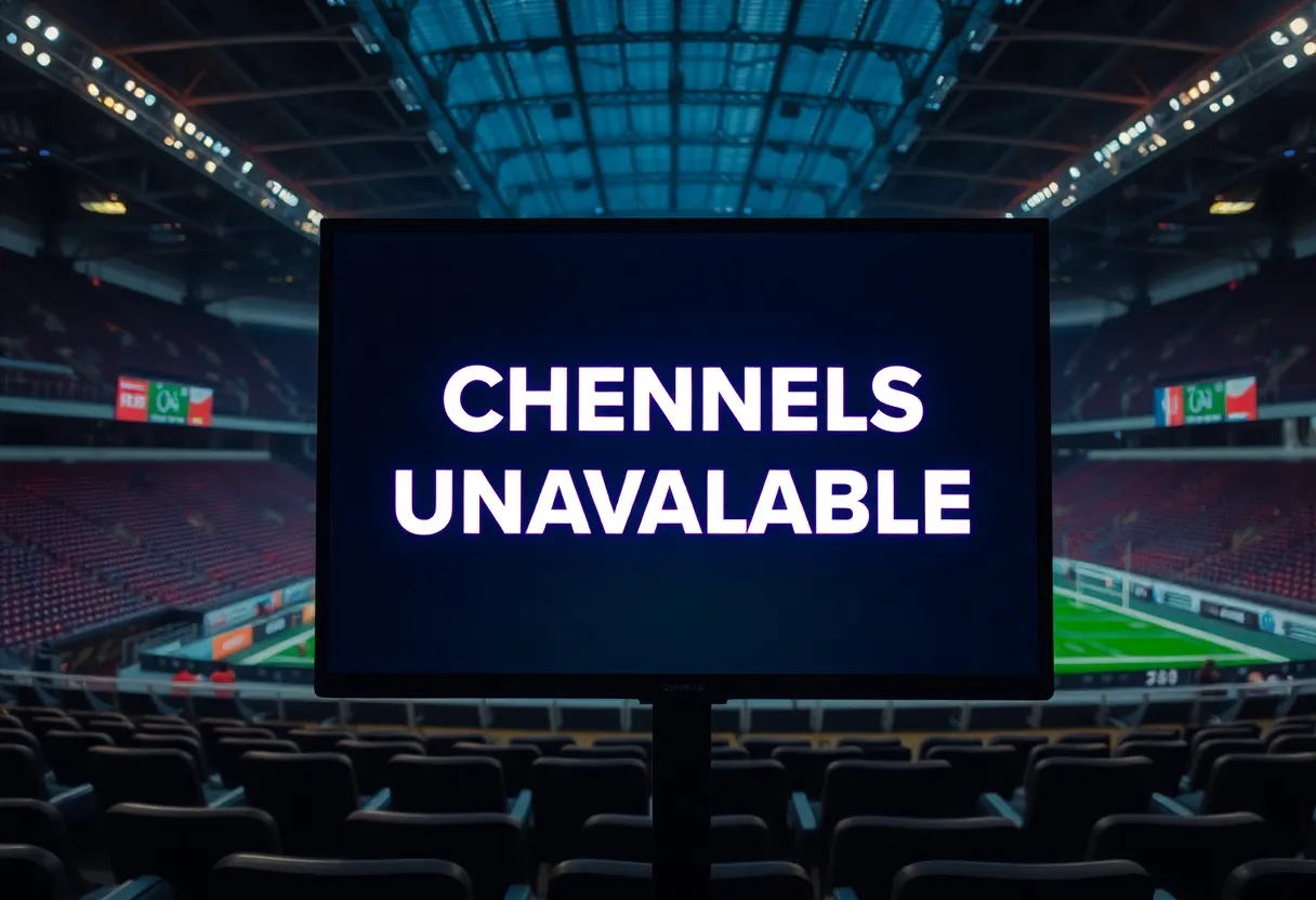 A television screen showing a blackout message with a sports-themed background.
