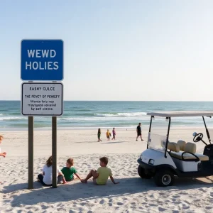 Children playing on Duck NC beach with warning about deep holes