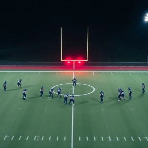 Football field practice with police lights in background