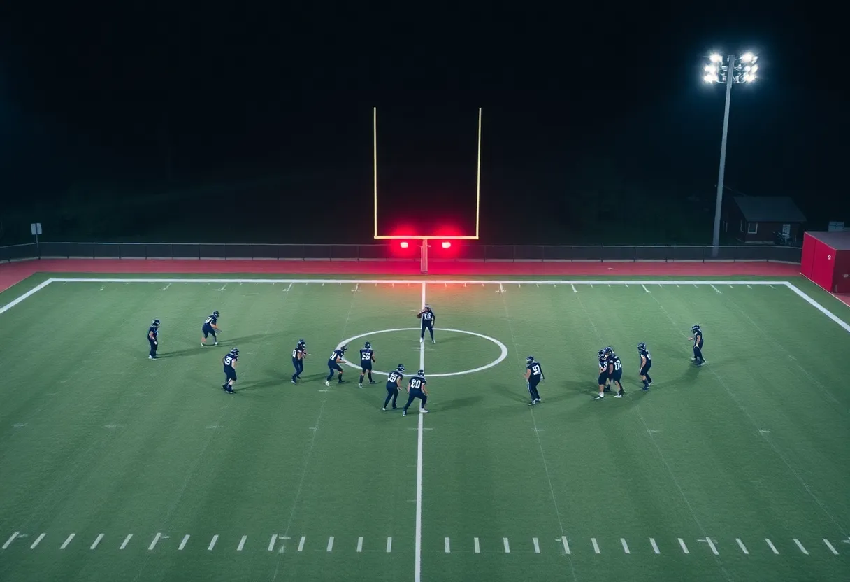 Football field practice with police lights in background