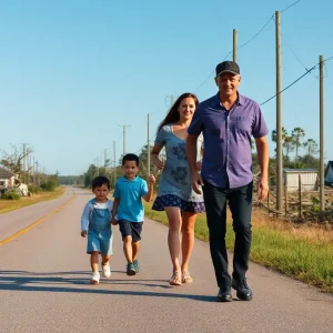 Family walking on a rural road with hurricane damage around them
