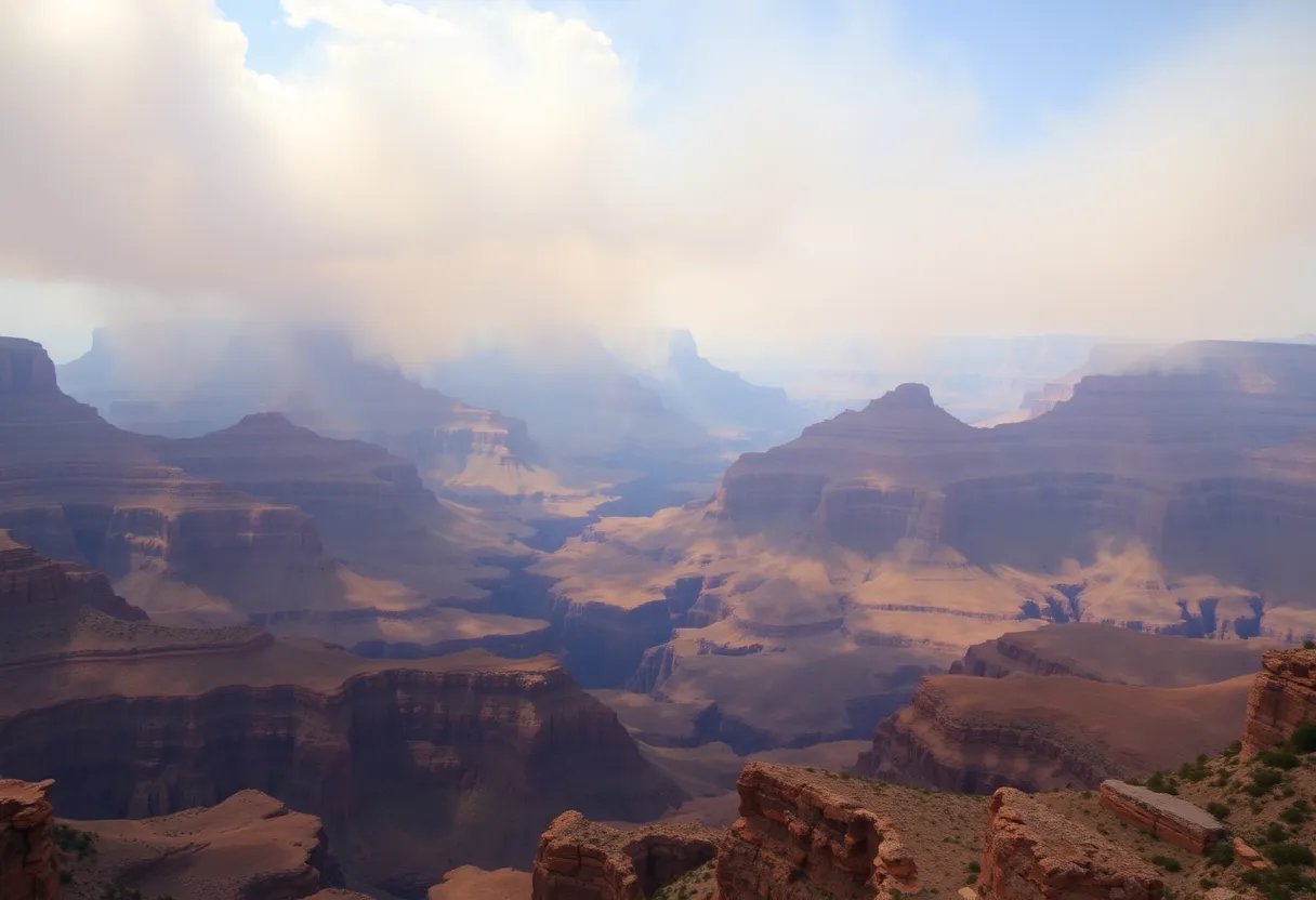 Smoke rising over the Grand Canyon landscape after the lodge fire