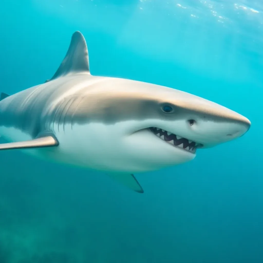 A great white shark swimming in clear blue waters off the North Carolina coast.