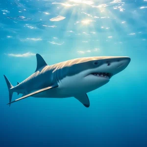 Great white shark swimming in ocean near Nantucket