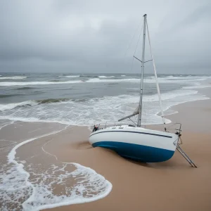 Grounded sailboat on the Outer Banks coastline
