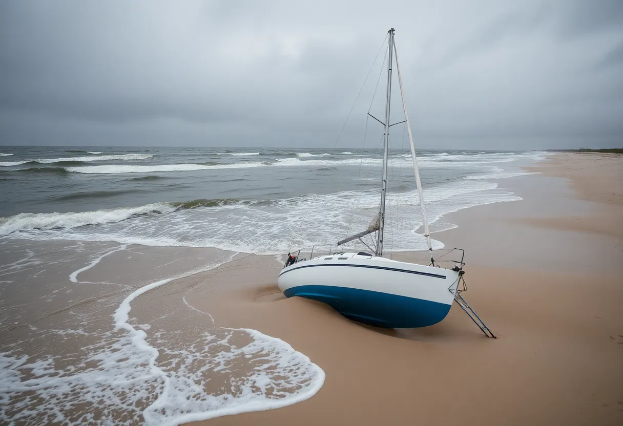 Grounded sailboat on the Outer Banks coastline
