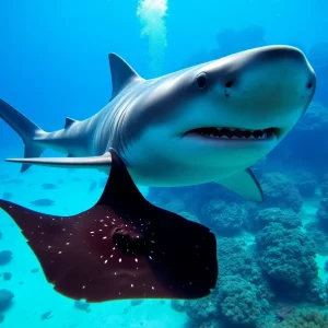 Hammerhead shark preying on a stingray underwater