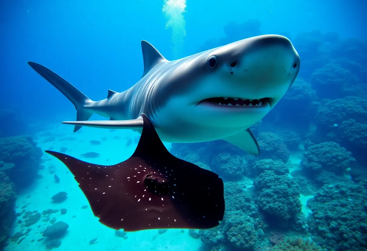 Hammerhead shark preying on a stingray underwater