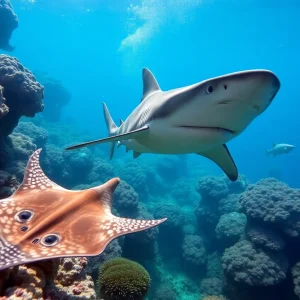 A hammerhead shark attacking a stingray in the ocean.