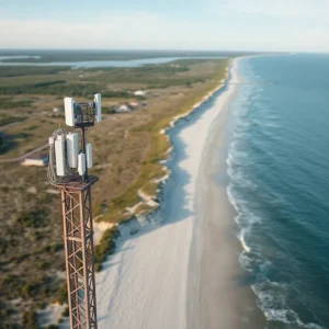 Coastline of Hatteras Island showcasing telecommunications towers