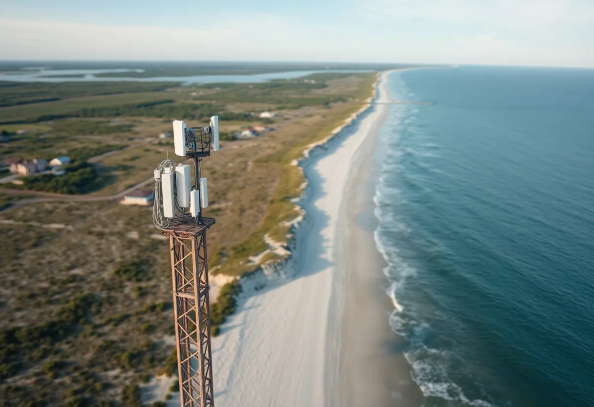 Coastline of Hatteras Island showcasing telecommunications towers