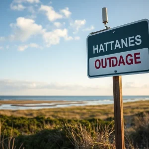 Scenic view of Hatteras Island with a sign about communication outages