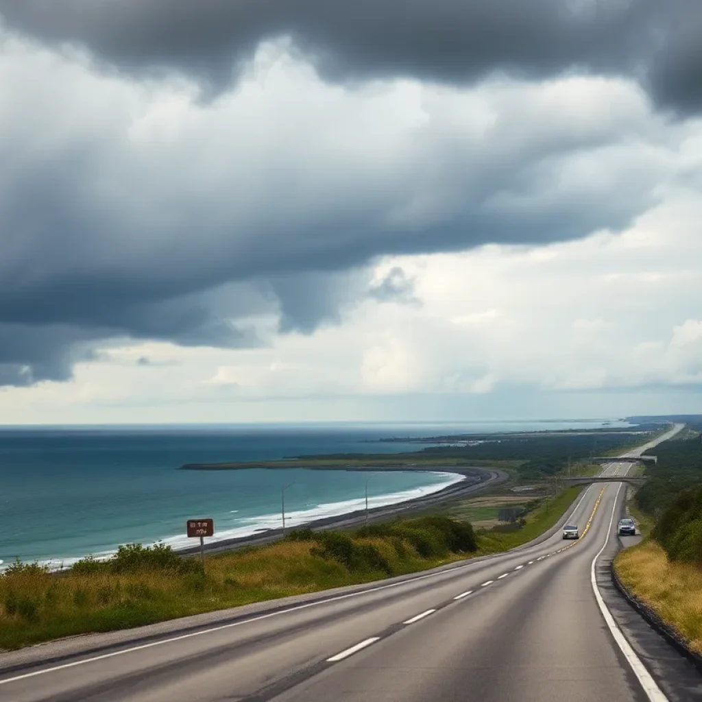A view of Highway 12 in the Outer Banks with storm clouds