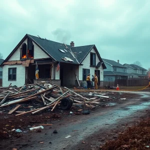 Scene of a house explosion in Manteo with emergency responders present.