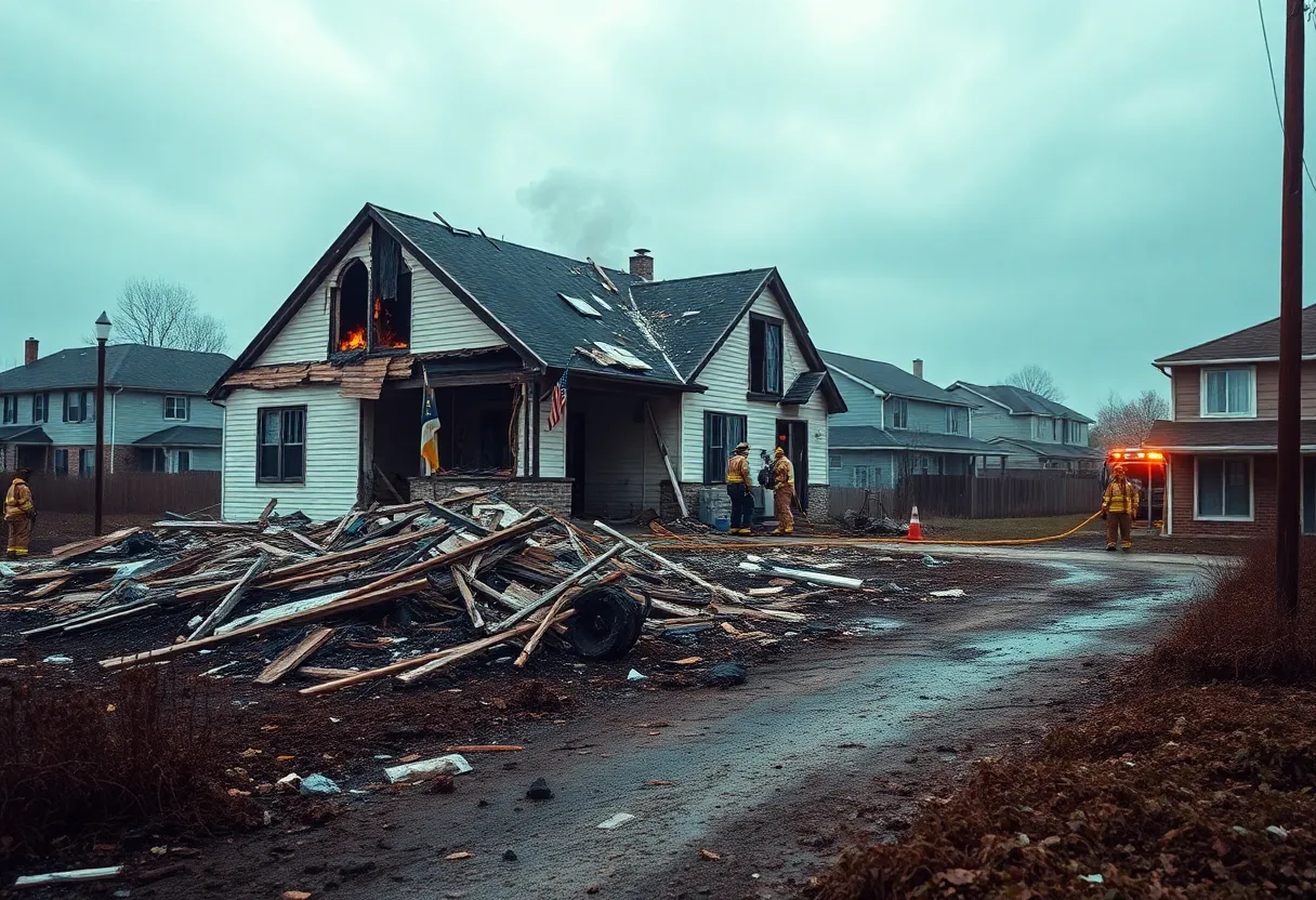 Scene of a house explosion in Manteo with emergency responders present.