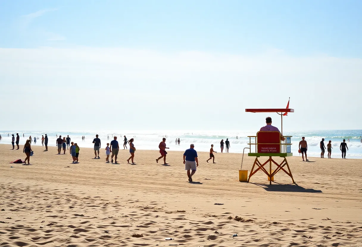 Beachgoers at Kill Devil Hills enjoying summer with lifeguards on duty