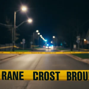 Police lights illuminating a dark street with caution tape