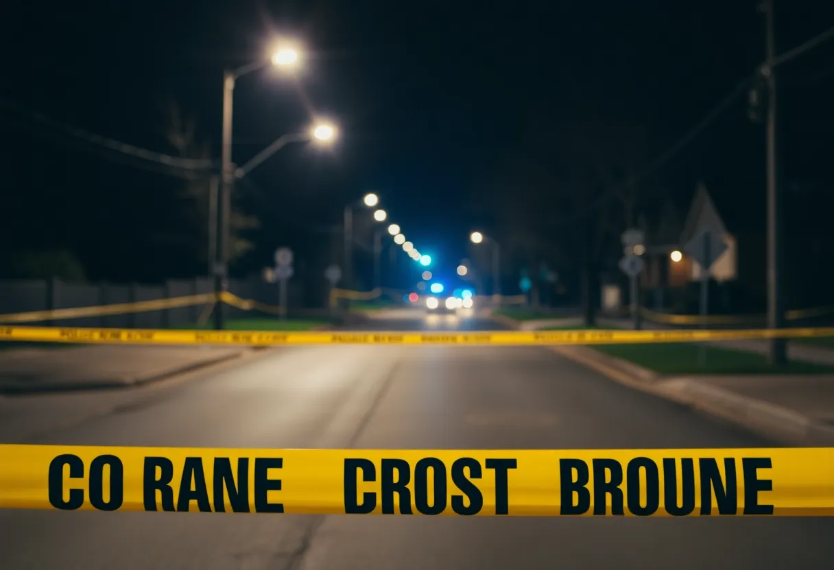 Police lights illuminating a dark street with caution tape