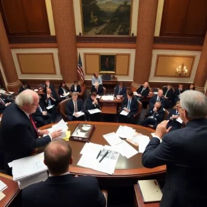 Lawmakers discussing a new tax bill in a legislative hall