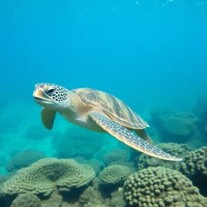 A green sea turtle swimming in the ocean