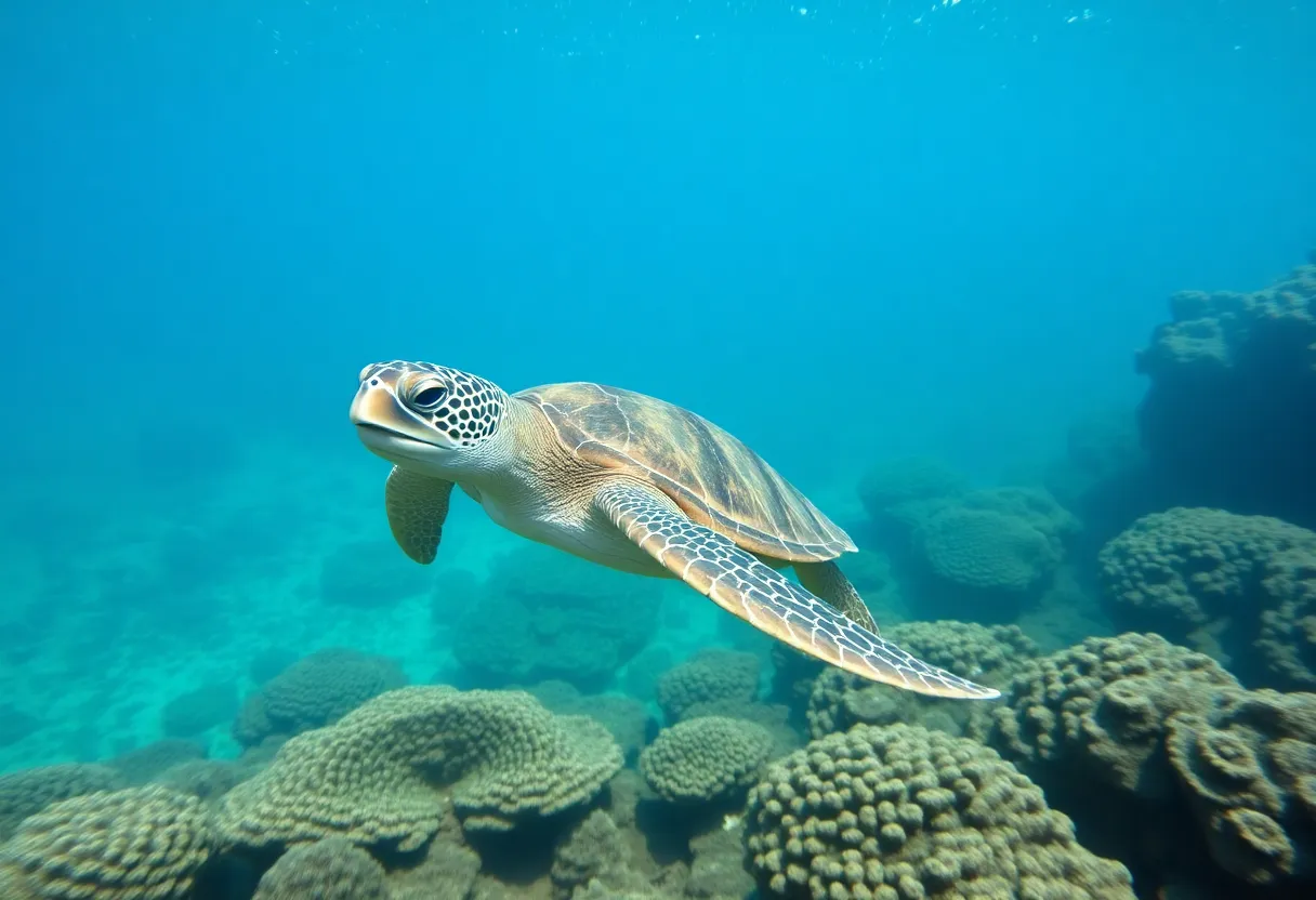 A green sea turtle swimming in the ocean