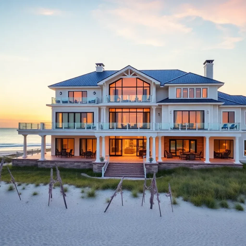 Luxury oceanfront home in Corolla, NC at sunset