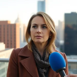 An actress being interviewed with a serene city skyline background.