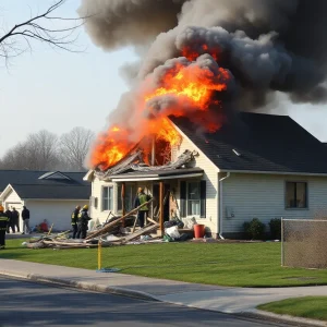 Scene of home explosion in Manteo, NC with emergency services present.