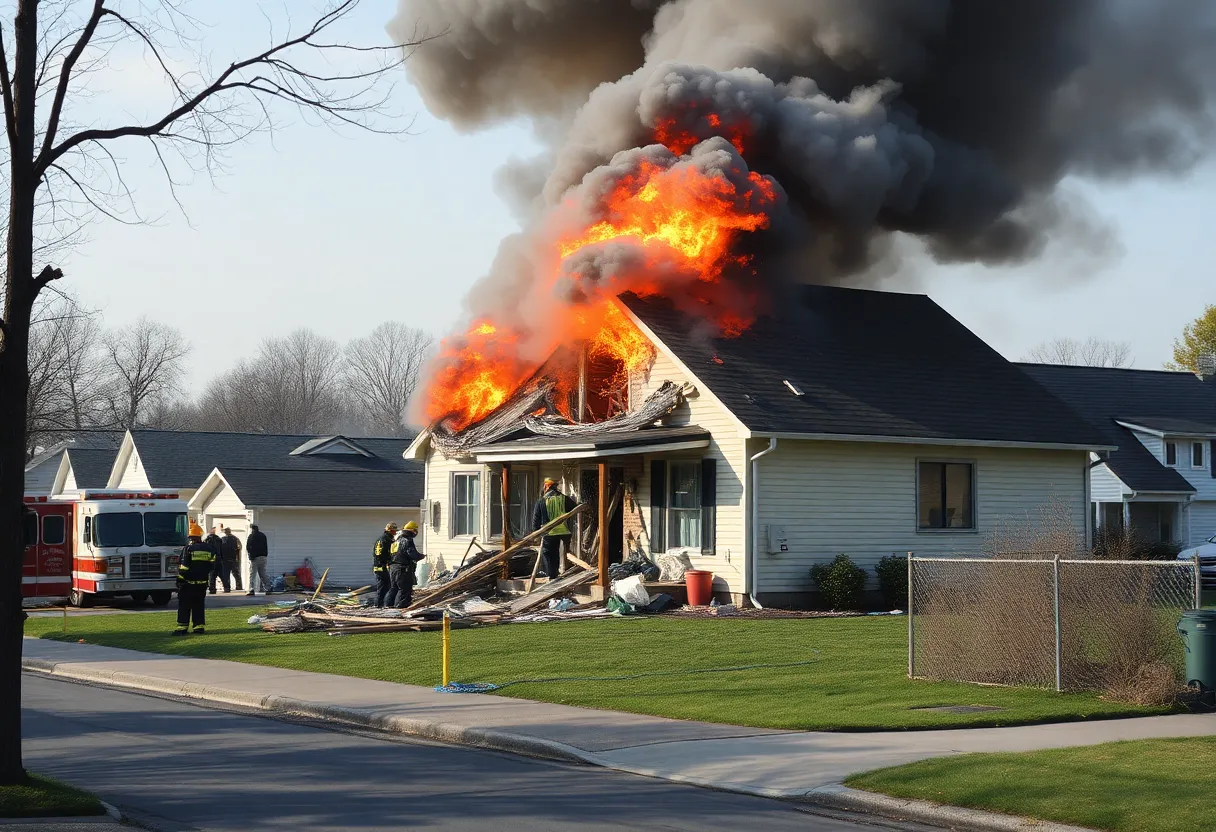 Scene of home explosion in Manteo, NC with emergency services present.