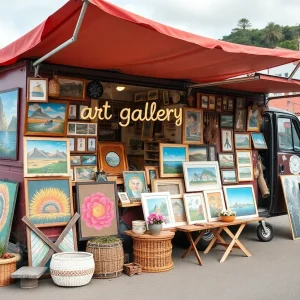 Mobile art gallery displaying local artworks