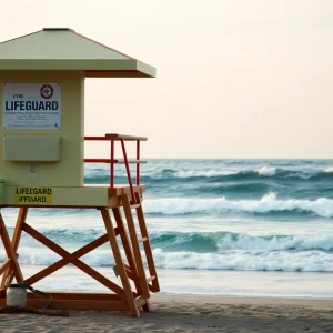 Lifeguards training on the beach with waves in the background
