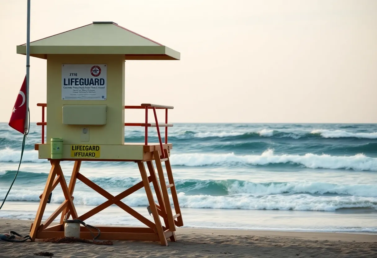 Lifeguards training on the beach with waves in the background