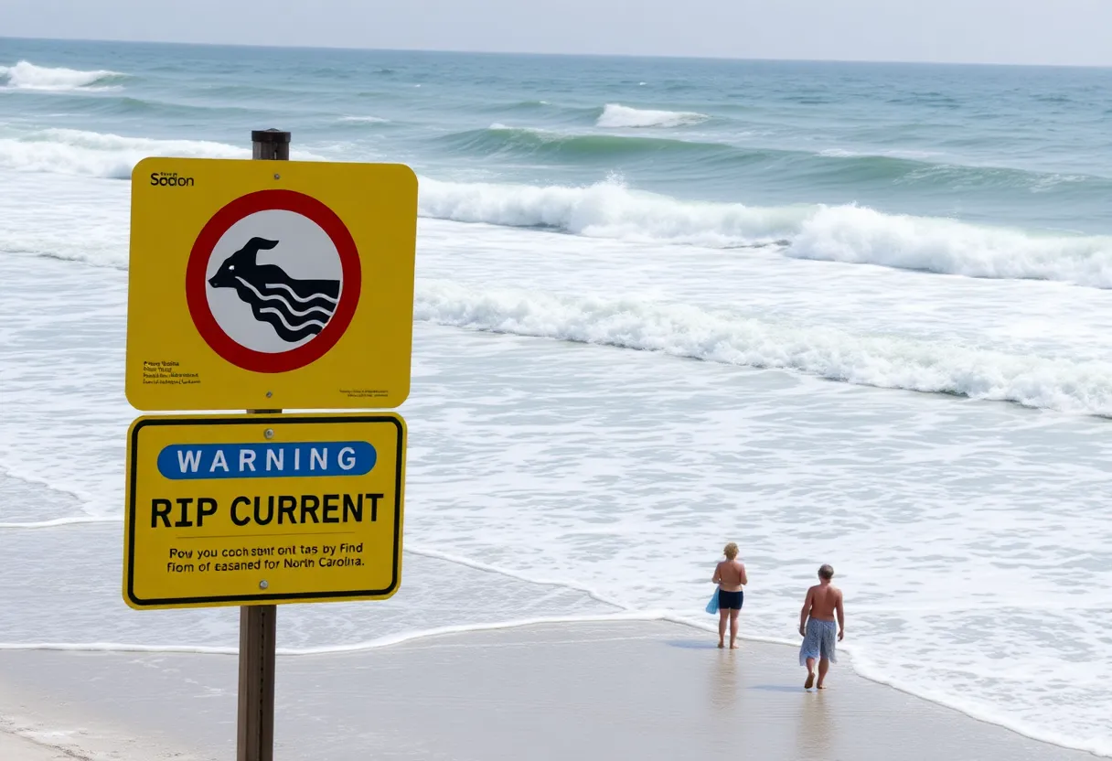 Warning sign for rip currents at a North Carolina beach with rough surf
