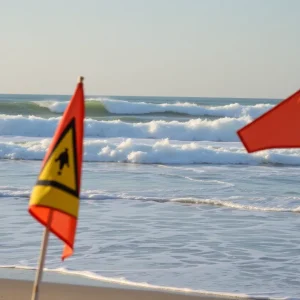 Warning flags on a North Carolina beach indicating rip currents