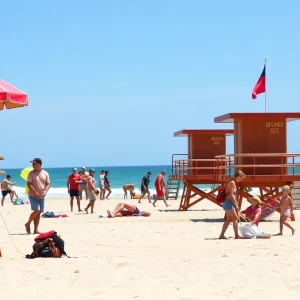 Crowded North Carolina beach with lifeguards, focusing on safety and personal belongings.