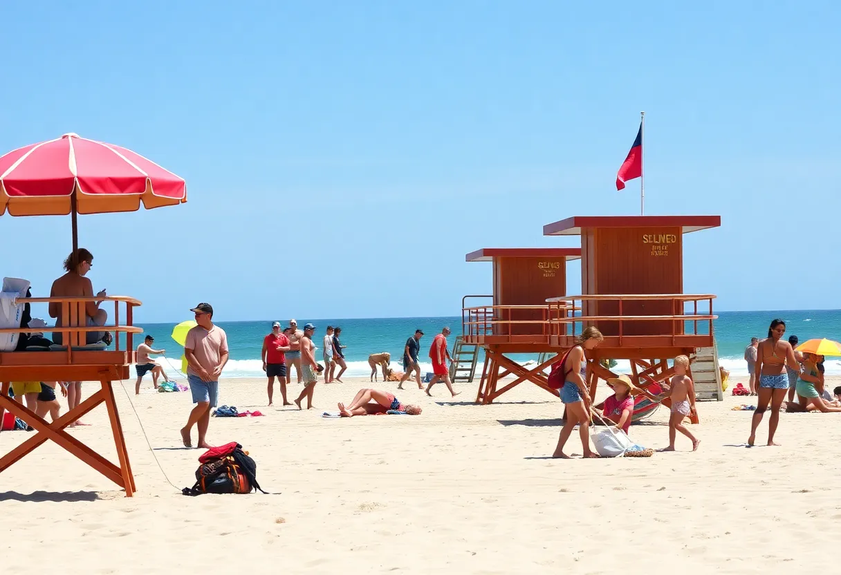 Crowded North Carolina beach with lifeguards, focusing on safety and personal belongings.