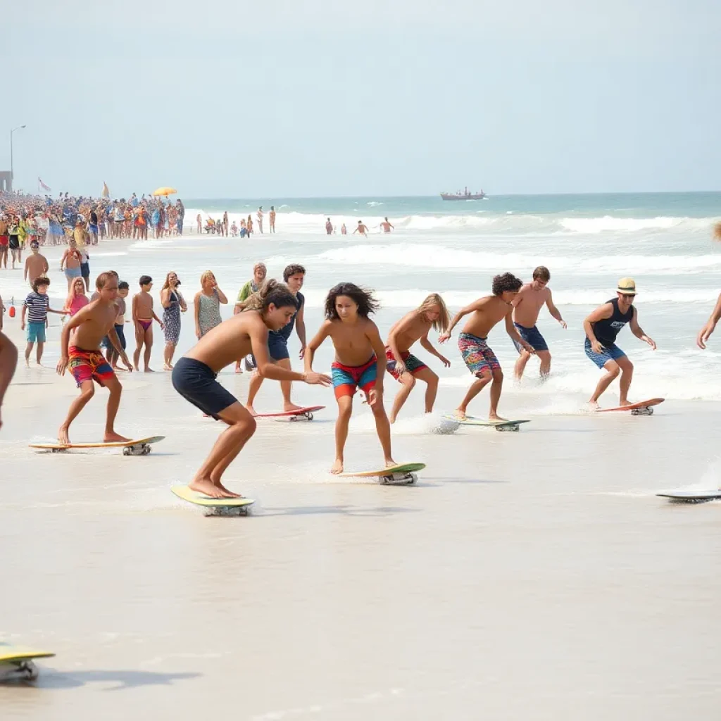 Skimboarding competitors at OBX SkimJam with ocean waves
