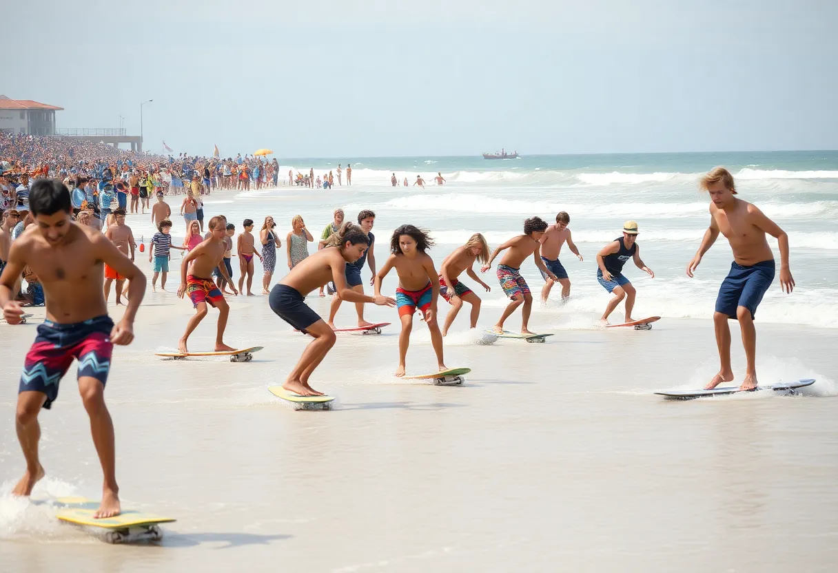 Skimboarding competitors at OBX SkimJam with ocean waves