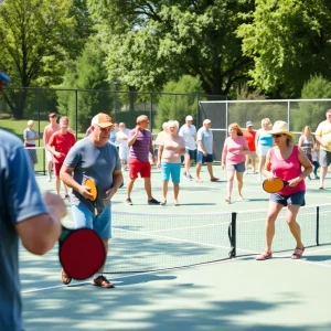 Players engaged in a lively pickleball game outdoors